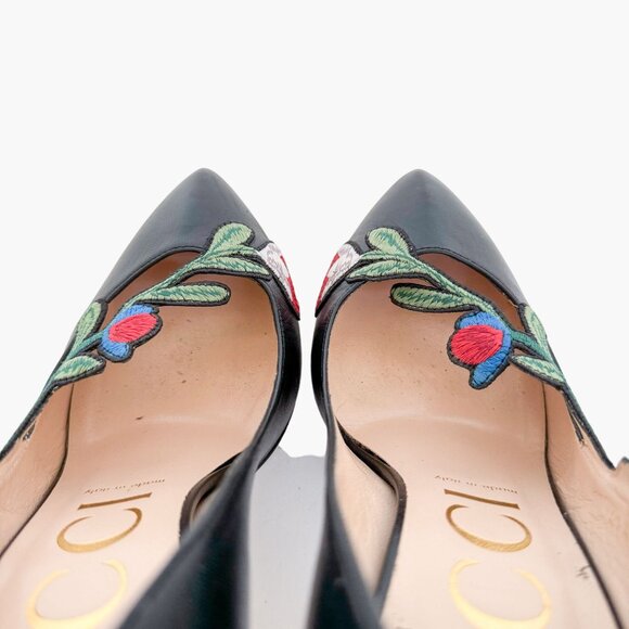 Gucci Ophelia Floral-Embroidered Pump EU 38 US 8 Black Leather High Heel Pointed - Picture 13 of 15